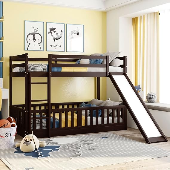 Twin Over Twin Low Bunk Bed for Kids, Ladder and Slide Can Be Interchanged or Remove, Solid Wood Bunk Bed Can Be Converted into Loft Bed (Espresso + Fence Can Be Deleted)