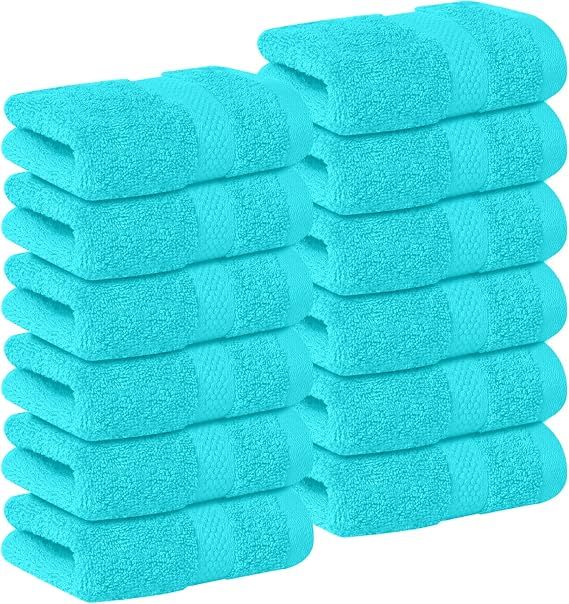 DAN RIVER 12-Pack Premium 100% Cotton Aqua Face Towels for Bathroom - Reusable Face Wash Cloths for Showering 12x12 Inches - 550 GSM Super Soft & Absorbent Luxury WashCloths for Body, Spa & Gym