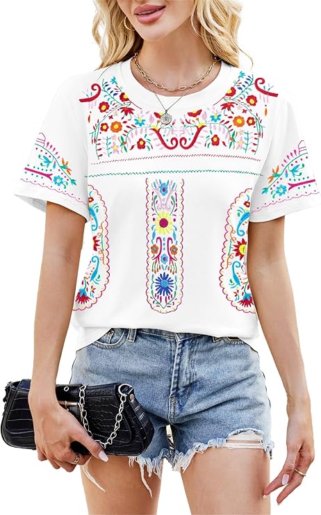 Mexican Embroidered Shirts Women Mexico Fiesta Tops Mexican Peasant Blouse