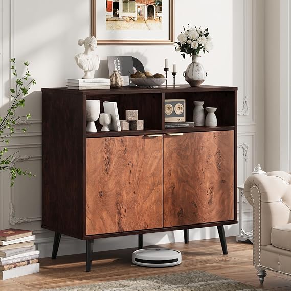 Rustic Industrial Sideboard Buffet Cabinet, 31.5 x 15.6 x 31.5in Wood Credenza with Adjustable Shelves, Drawers, Walnut Storage Cupboard for Dining Room, Kitchen, Living Room, Coffee Bar