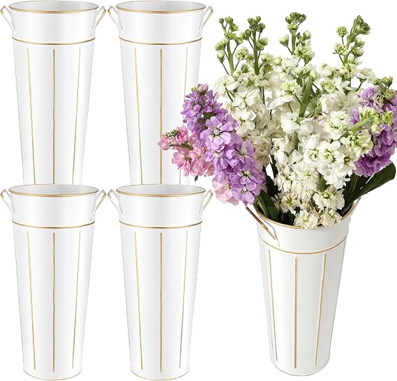 4-Pack 12 inch Galvanized Flower Buckets with Handles, White Metal Vases