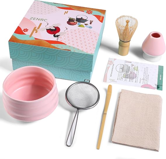 Ceremony Matcha Kit - Traditional Bamboo Matcha Whisk (Chasen) Scoop (Chashaku) Chawan Bowl with Pouring Spout Whisk Holder Sifter Tea Tray- The Perfect Matcha Set (Set of 6, Pink)