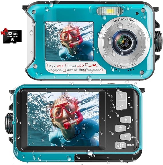 Acuvar 48MP Underwater Camera with 32GB Card 11FT Waterproof Digital Camera, Dual-Screen Selfie, Autofocus, Floatable Compact Snorkeling Camera with 1250mAh Battery (Blue)