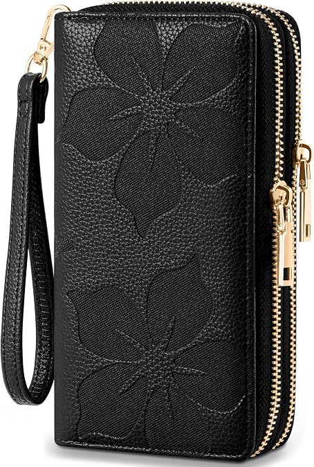 Espera Women Wallet RFID Blocking Large Capacity Card Holder Purse Double Zip Leather Designer Ladies Clutch with Wristlet