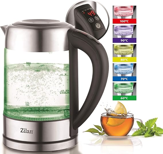 Cam su ısıtıcısı 1,7 litre | %100 BPA içermez | 2200 Watt | Renk değişimli LED aydınlatma | Paslanmaz çelik | Çaydanlık | Sıcak tutma fonksiyonu | Sıcaklık ayarı (60°C-100°C)