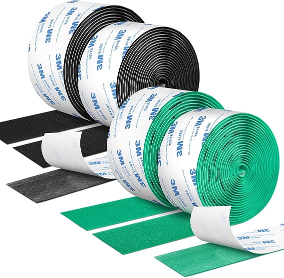 12Ft x 2 Inch Hook and Loop Tape Black and Green, Heavy Duty Double-Sided Adhesive Strips, Strong Sticky Back Fastener Roll, Cuttable Interlocking Tape Fasteners for Home, Office, Car, School & DIY