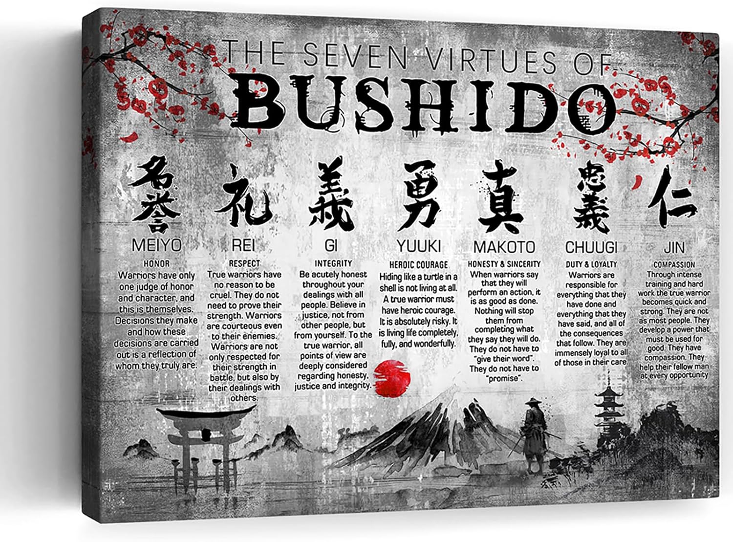 Japanese Samurai Wall Art 7 Virtues Bushido Inspirational Pictures Wall Decor Japanese Warrior Canvas Prints Framed Modern Painting Artwork For Bedroom Office Living Room Bathroom Dining Room 12x16