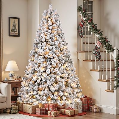 SHareconn 7.4ft Prelit Snow Flocked Spruce Artificial Holiday Christmas Tree with 360 Warm White Lights, Foldable Stand, Full Snow Branch Tips for Home, Office, Party Decoration, 7.4 FT, White