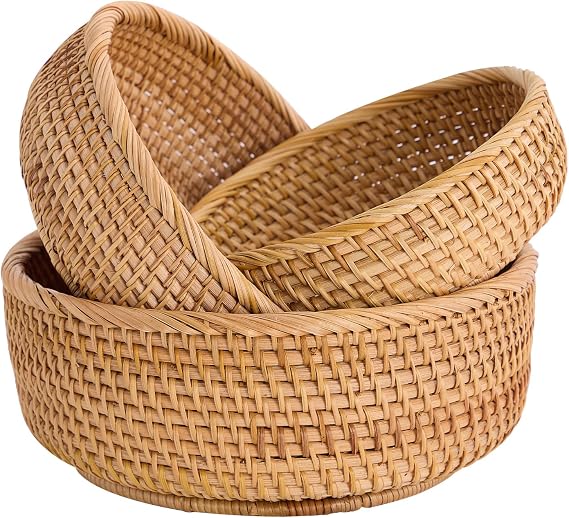 Hand-Woven Stackable Rattan Basket, Set of 3, Fruit Bread Serving Bowls, for Farmhouse Kitchen Storage & Decor