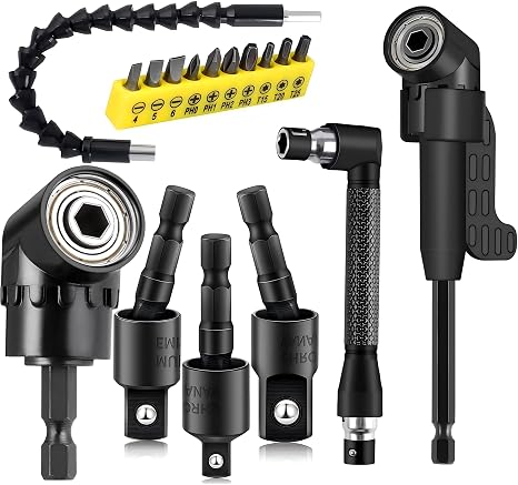 17Piece Flexible Drill Bit Extension, Include 3Pcs Rotatable Socket Adapter 2Pcs Hex Shank 105° Right Angle drill Attachment 10 Short Screwdriver