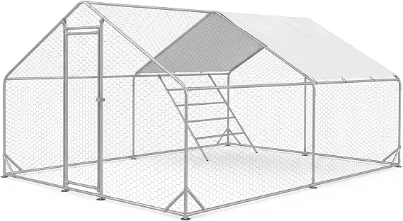 CHIKENCOOP 9.8x9.8x6.5 ft Metal Chicken Coop, 2-Room Chicken Run with Cover | Two-room walk-in chicken run with waterproof UV-resistant spire roof cover, galvanized steel frame, and side tie-downs.