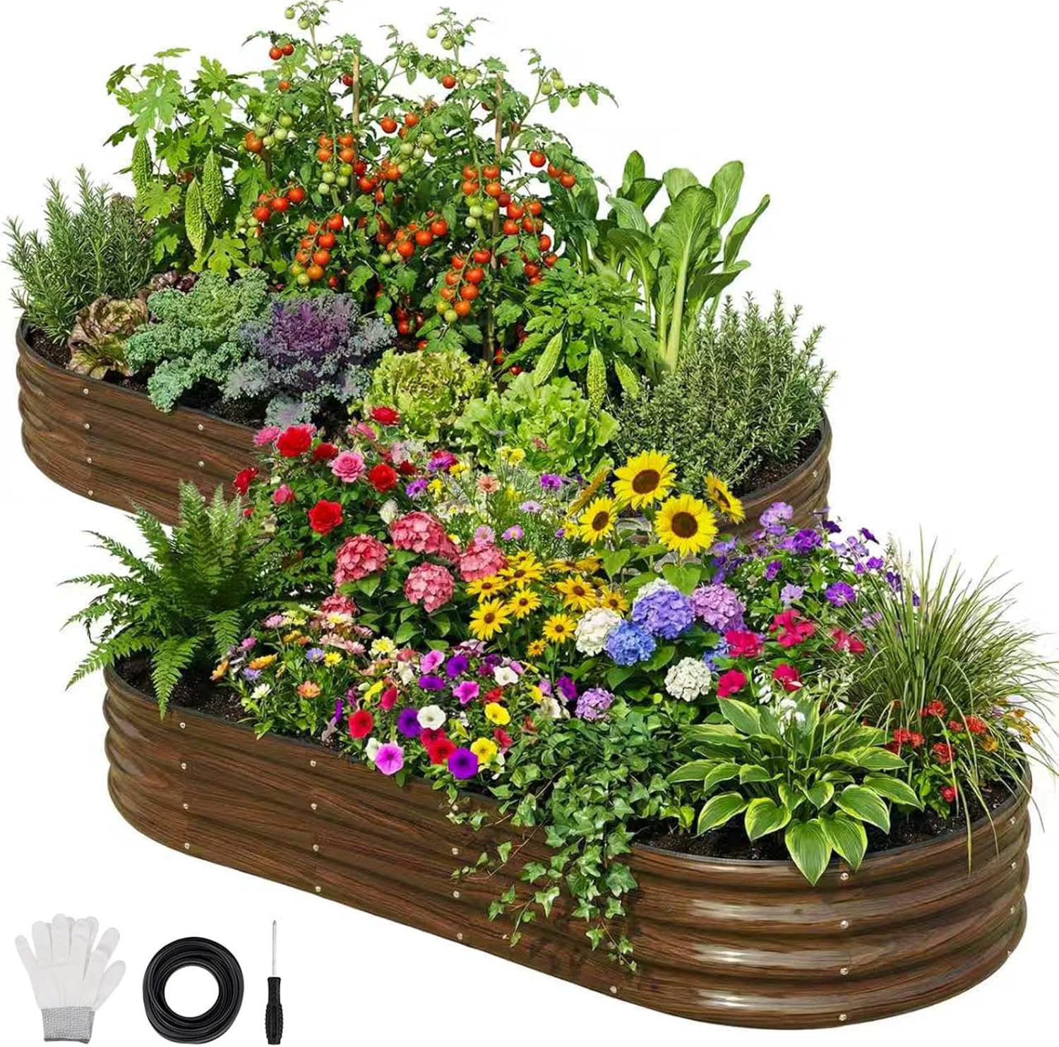 SnugNiture Steel Raised Garden Bed 2-Pack - 180 x 90 x 30cm Oval Bottomless Metal Planter for Outdoor Vegetables, Flowers &amp; Herbs, Wood Grain