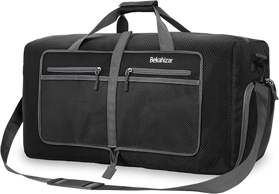 Travel Duffle Bag 60L Lightweight Foldable Holdall Duffels Large Weekend Overnight Bag Packable Carry On Luggage with Shoe Compartment for Men Women Camping Storage Gym Beach (Black)