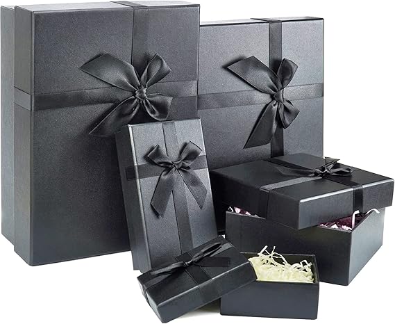 Gift Boxes with Lids, Rigid Gift Wrap Boxes with Satin Bows and Shredded Paper Filler for Christmas Anniversaries,Weddings,Birthdays,a Nested Set of 5(Black)