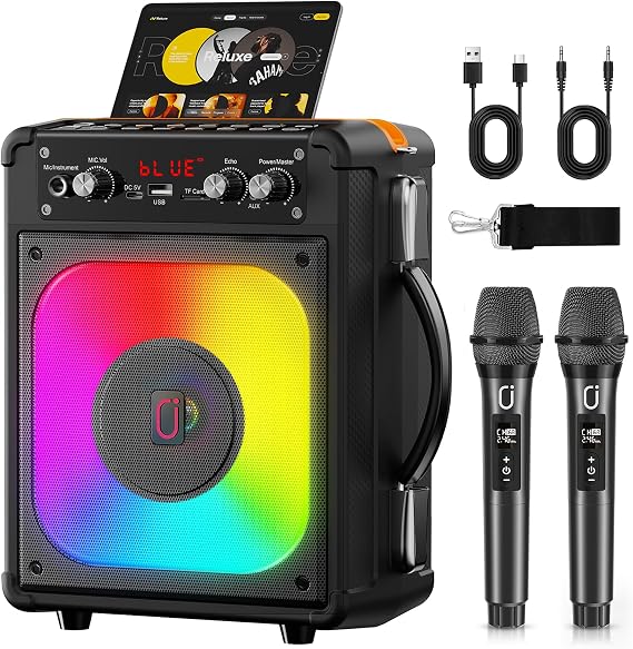 Karaoke Machine with 2 Wireless Mics, 10ms Low-Latency Singing Machine for Adults, Portable Bluetooth 5.3 Speaker with TWS Stereo, PA System Supports TF Card/USB/AUX/TV for Garden BBQ Home Party