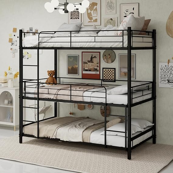 Triple Bunk Bed, Black Metal 3 Sleeper Bunk Bed Frame 90x190cm, Heavy Duty Three Tier High Sleeper Bed with Safety Guard Rail & Ladder, Space Saving Bed for Kids Adults Dormitory