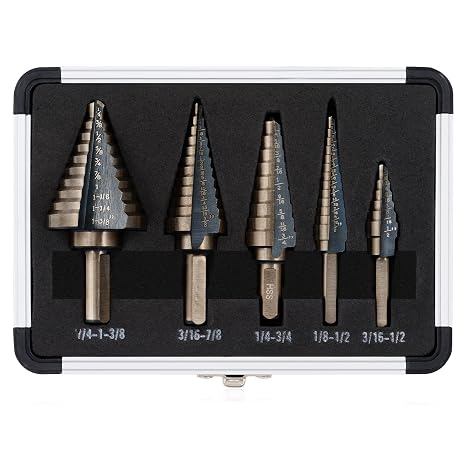 Step Drill Bits, HSS 5PCS Titanium Step Drill Bit Set, 50 Sizes in 5 High Speed Steel Unibit Drill Bits Set for Sheet Metal with Aluminum Case, Multiple Hole Stepped Up Bits for DIY Lovers