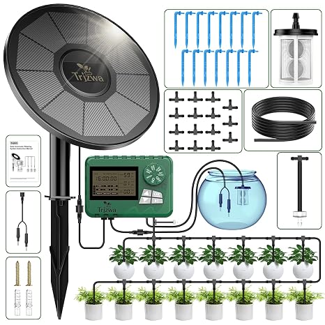 Solar Irrigation System Kit with Automatic Watering Computer, Drip Irrigation for Garden, Balcony, Greenhouse, Supports 15 Potted Plants, 15 Meter Hose