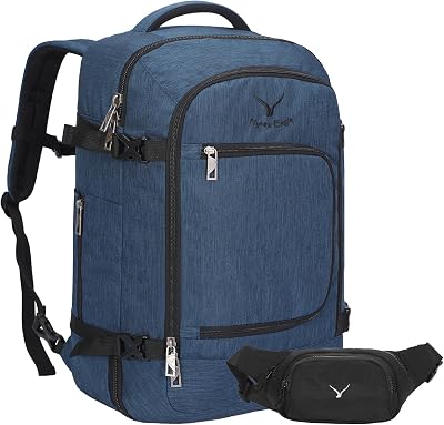 Hynes Eagle Travel Backpack 40L Flight Approved Carry on Backpack Men Large Cabin Weekender Laptop Backpack Women 15.6 inches Blue with Waist Pack Black