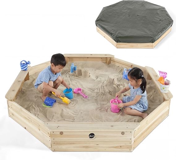 Plum Wooden Large Sandbox with Cover - Outdoor Octagon Sand Box for Kids, Toddler Sensory Toys, Outdoor Wooden Sand Pit with Seat Boards and Bottom Liner, Weatherproof, Easy Assembly, Ages 3+ Years