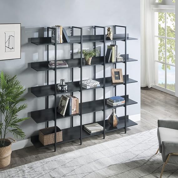 GNIXUU Triple Wide Black Bookshelf 5-Tier, Industrial Display Bookcase with Metal Frame, Tall Vintage Open Storage Book Shelves for Bedroom Living Room Office.