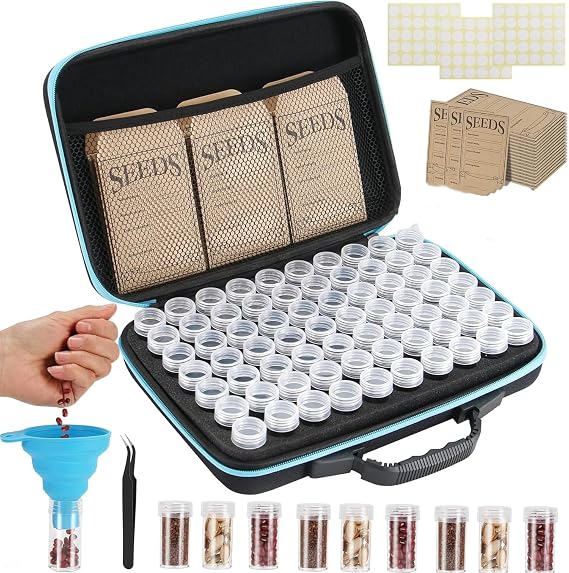 60 Slots Seed Storage Organizer with 10 Seed Envelopes,Sturdy Seeds Saving Storage Box with Zipper Bag Label Stickers(Seeds not Included), Seed Storage Container for Flower Plants Garden (60 Slots)