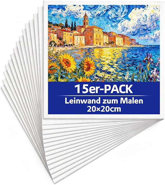 RITOLLO Set of 15 Canvas for Painting 20 x 20 cm Square Cotton Painting Cardboard Triple Primed Sturdy Canvas Panels for Acrylic Oil & Watercolour Ideal for Artists School & Hobby