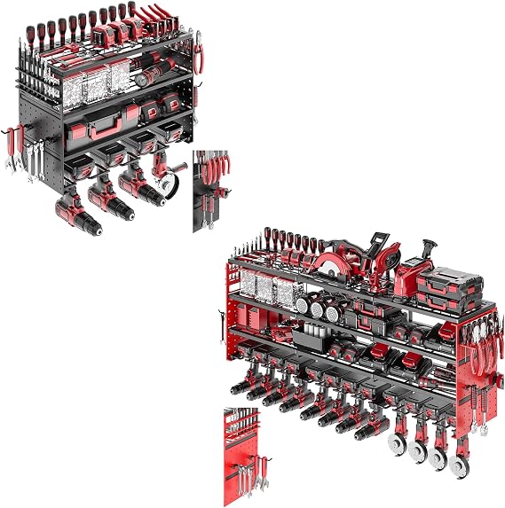 Large Power Tool Organizer Wall Mount, 52" /16.5" Heavy Duty 4 Tier Garage Storage Shelf with 4/12 Drill Holder for Garage Workshop