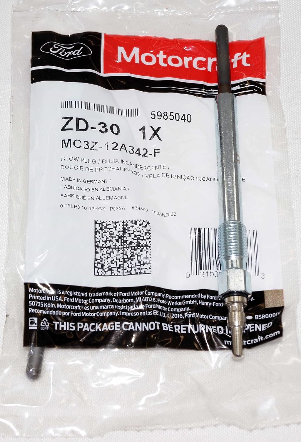 ZD-30 Set of 8 Motorcraft Glow Plugs F4TZ-12A342-BA for Use with Ford 7.3L