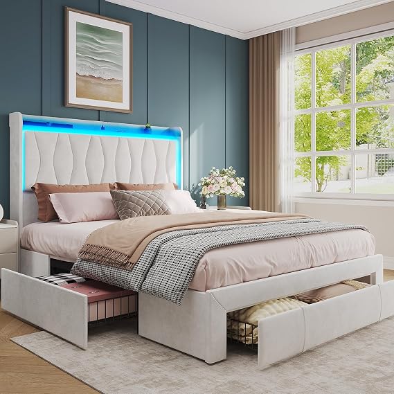 Fameill Full Size Bed Frame with 3 Drawers Storage, Beige