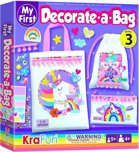 KRAFUN My First DIY Bag Decorating Kit for Girls Age 5+, Create 3 Custom Unicorn Fairy Fashion Bags, No-Mess Arts & Crafts Gift, Stickers & Gems Activity Set for Kids Ages 5-10