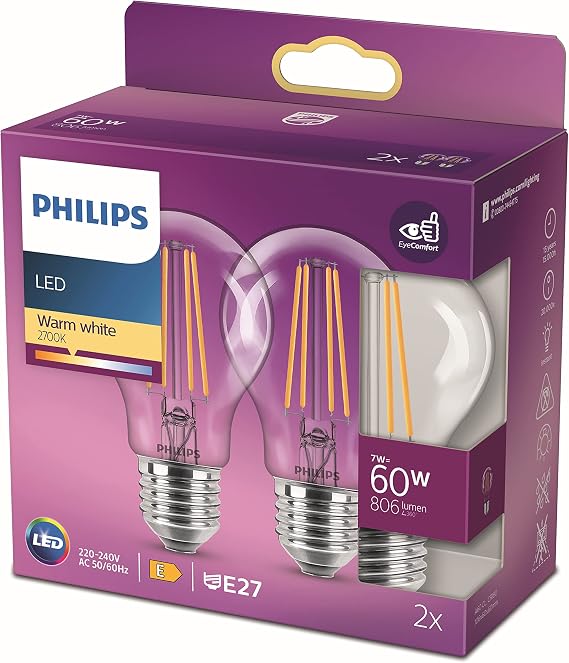Philips LED Classic 60W A60 Filament Ampul, 2700 Sarı Işık, E27 Normal Duy, Dim Edilmez 2'li Ekopaket