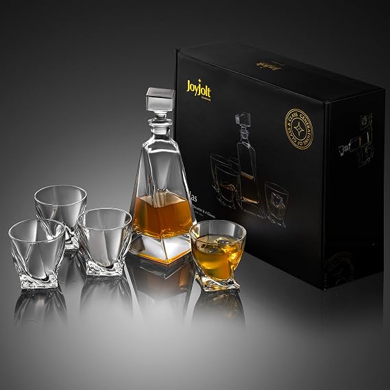 JoyJolt Atlas 5-Piece Luxury Crystal Whiskey Decanter Set, 22 oz Decanter & 4 x 10.8 oz Old Fashioned Whiskey Glasses