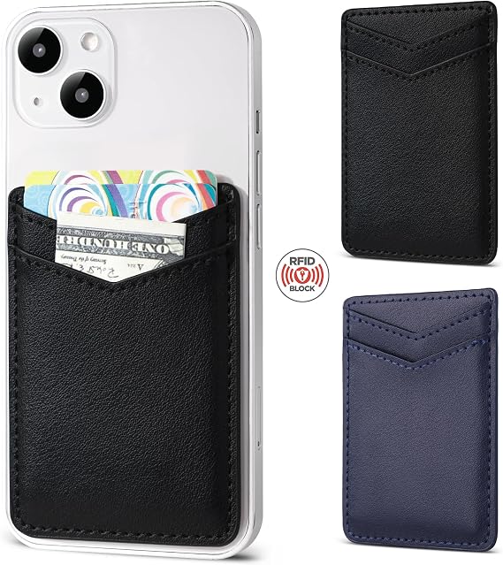 2Pack Phone Wallet,Leather Phone Card Holder Adhesive Stick On Credit Card Pocket for Back of Phone Case iPhone and Android-Black,Navy Blue