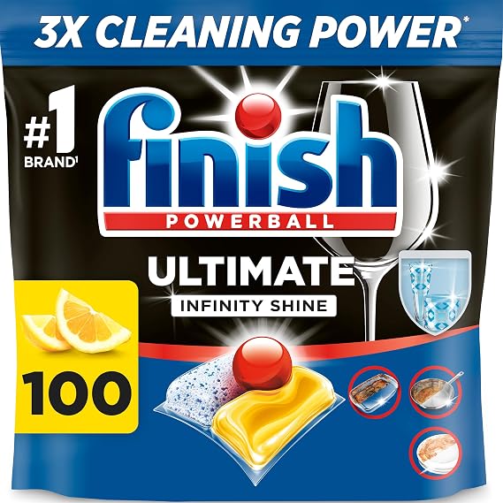 Finish Ultimate Infinity Shine, Dishwasher Tablets, Lemon, 100 | 3X cleaning power vs Finish Power, No pre-rinse, Tough on grease and dried on stains, Short eco cycle compatible
