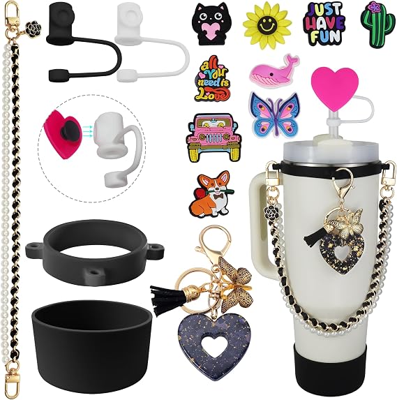 Stanley Owala Cup Accessories Set for 30oz&40oz Tumbler, Water Bottle Drop-Proof Strap Lanyard, Stanley Bow Straw Cover Topper Boot Charms, Gift for Women Mom Girl