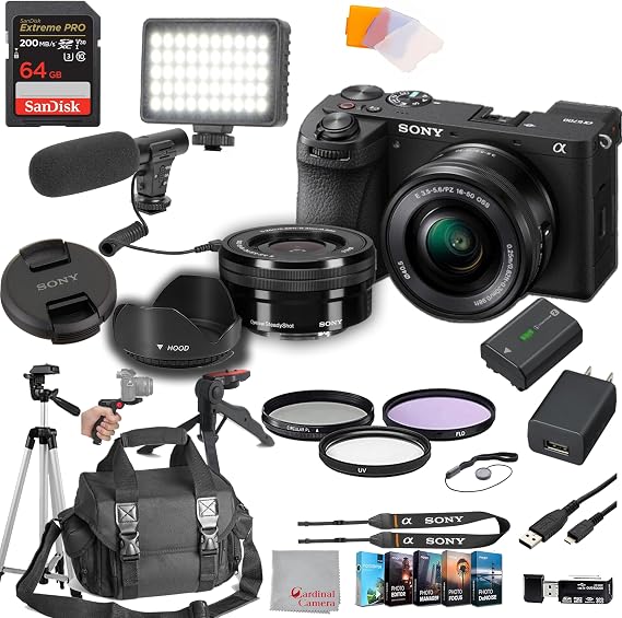 Sony a6700 Mirrorless Camera with 16-50mm Lens 64GB Extreme Speed Memory,Videl Microphone, LED Video Light, Case. Tripod, Filters, Hood, Grip, Professional Video & Photo Editing Software Kit