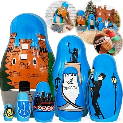 AEVVV Russian Nesting Dolls Set 7 pcs - Belarus Matryoshka Dolls with Attractions of Belarussian Brest City - Belorussian Souvenir Gifts