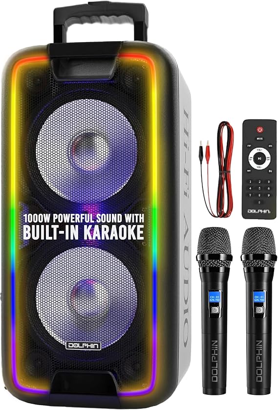 Dolphin Bluetooth Party Speaker with 2 Wireless Mics, Dual 10" Woofers | 1000W Output, SD/FM/USB/AUX/RCA, Guitar & Mic Inputs, Multicolor LED Lights, Rechargeable Battery, Wheels & Handle, Deep Bass