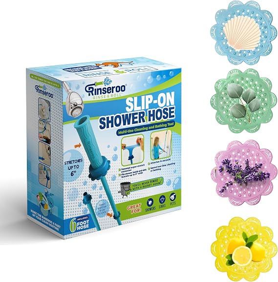 Rinseroo Slip-On Shower Hose & 4 Pack Scented Hair Catchers Bundle - Slip-On Shower Hose for Easy Cleaning and Hair Washing + 4 Pack Scented Hair Catchers to Prevent Clogs with Fresh Scents
