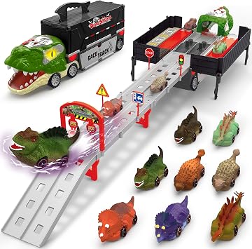 Dinosaur Toys for Kids 3-5, Dinosaur Truck with 8 Small Dinosaur Cars, Birthday Gifts Toys for 3 4 5+ Year Old Boy, Transport Carrier Truck for Toddlers, Great for Grandkids