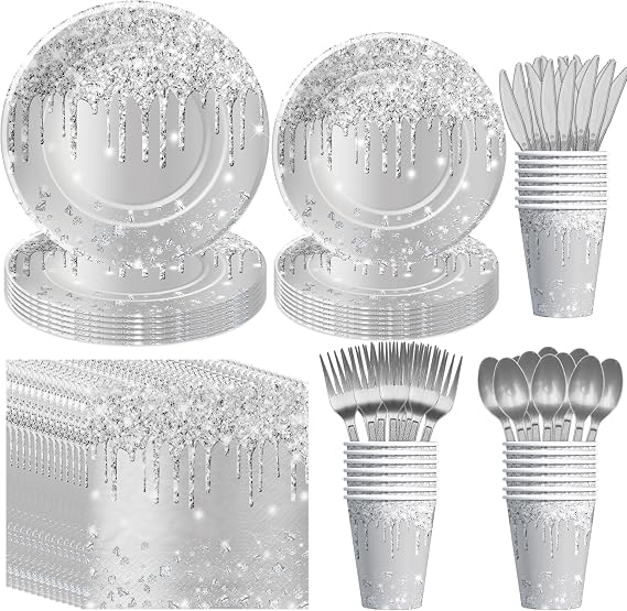 Diamonds Glitter Silver Plates And Napkins Party Supplies, Serves 24