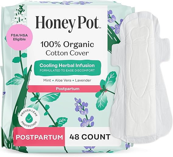 The Honey Pot Company - Cooling - Postpartum Pads - Postpartum Essentials | Cooling Effect - Infused w/Mint, Aloe, Lavender - Organic Cotton Cover - Pads for Women w/Wings - Feminine Care - 48ct