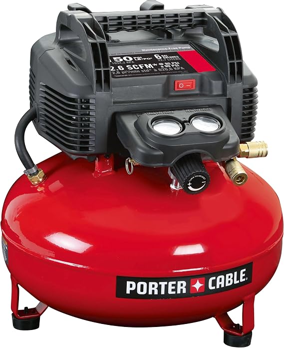 PORTER-CABLE 6 Gallon Pancake Air Compressor 150 Max PSI and 2.6 CFM @ 90 PSI, 13 Piece Kit: 25' x 1/4" PVC Air Hose, Tire Chuck, Blow Gun, Tire Gauge, Blow Gun, Rubber Tip, and 3 Inflator Adaptors