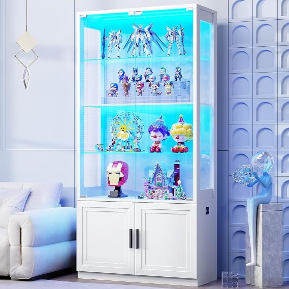 BROTTAR 67" Display Cabinets with Glass Doors & Height Adjustable Shelves | 5-Tier Glass Display Cabinet with 3 Color Lights,Curio