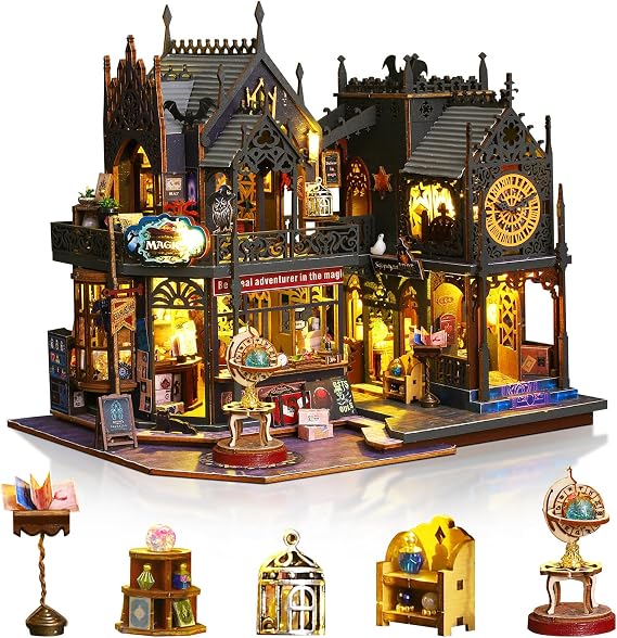 DIY Dollhouse Kit, Miniature House Building Kit with Led for Adult | Magic Castle Tiny Miniature Craft Kit, Ideal Unique Gift for Halloween, Birthday & Christmas Day Hobby Collection