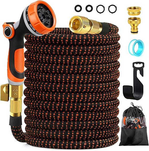 50FT Expandable Garden Hose Pipe, Flexible Hosepipe for Lawn Expanding Retractable with 10 Function Spray Gun Nozzle, Magic Water Hose Attachments 3/4"& 1/2" Solid Brass Connectors, Anti-Kink