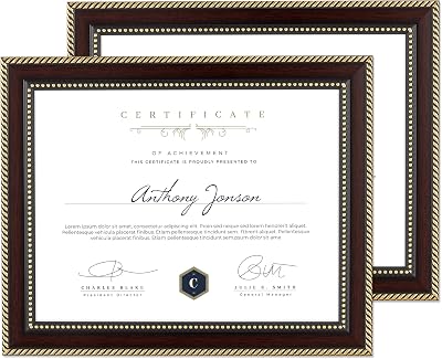 8.5x11 Diploma Frame 2Pack for 8.5x11 Certificate|Document|Degree|Pictures with HD Tempered Glass 8.5 by 11 Certificate Picture Frame for Wall & Tabletop Display, Mahogany with Gold Beads