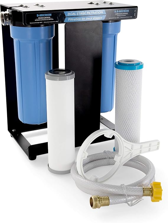 Camco EVO X2 Dual Stage Camper/RV Water Filter Kit - Made in the USA | 2 Stage Filtration w/KDF & GAC - Filters Out Bad Taste, Odors, Lead, Bacteria & More - Replaceable Filters - (40639)