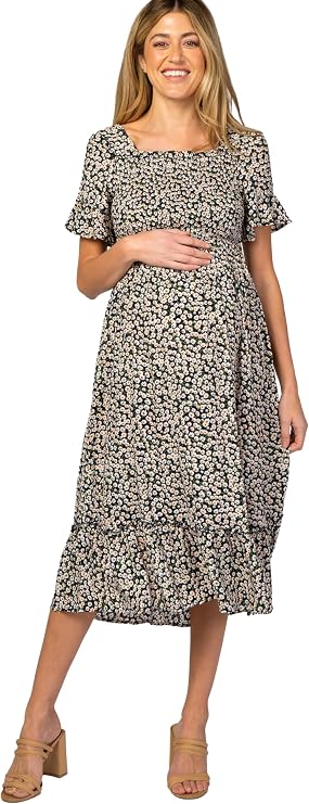 PinkBlush Light Floral Ruffle Maternity Midi Dress